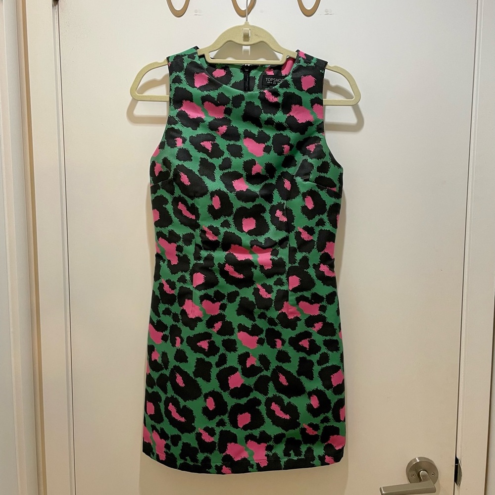 Topshop Green, Black & Pink Leopard Print Sheath Dress